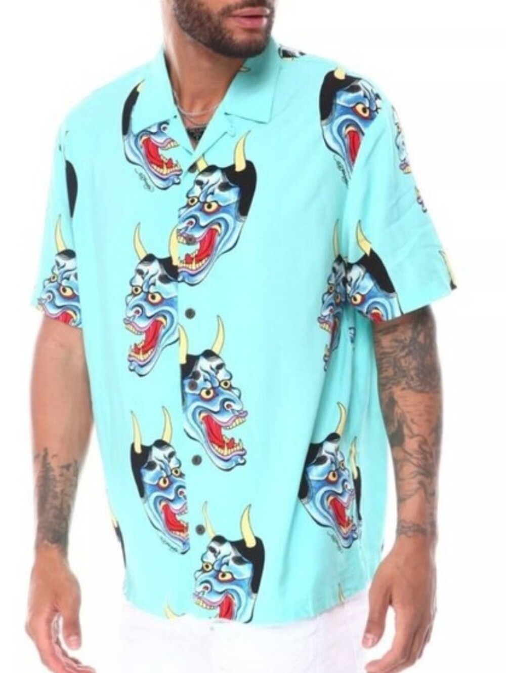 Ed Hardy Vintage Blue Oni Mask Graphic Short-Sleeve Camp Shirt Size L